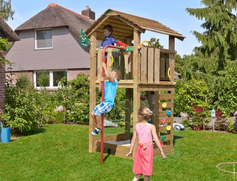 Jungle Cottage | Houten speeltoestel met brandweerpaal